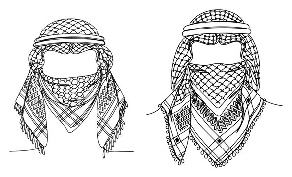 Minimalist continuous line drawing of traditional Arabic keffiyeh and shemagh headscarves with agal