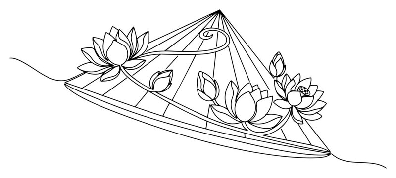 Elegant continuous line drawing of a traditional Asian conical hat decorated with lotus flowers