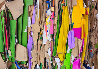 Naklejka premium Vertical colored stack of waste from pressed cardboard boxes, sorted and packed for recycling. Raw materials for the pulp industry. Garbage sorting secondary use of resources. Paper recycling photo