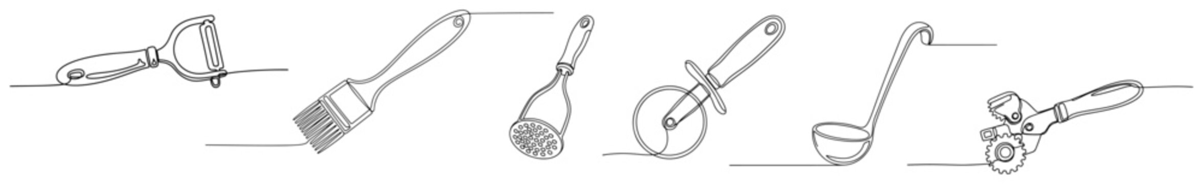 Minimalist continuous one line drawing of essential kitchen utensils and cooking tools set