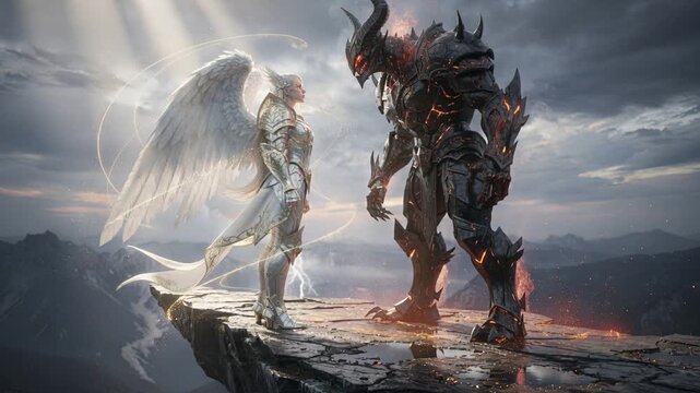Holy angel guards cliffside against sinister demonic foe under storm light