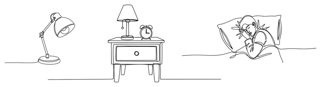 Minimalist continuous line art of a bedroom bedside table and a person sleeping in bed
