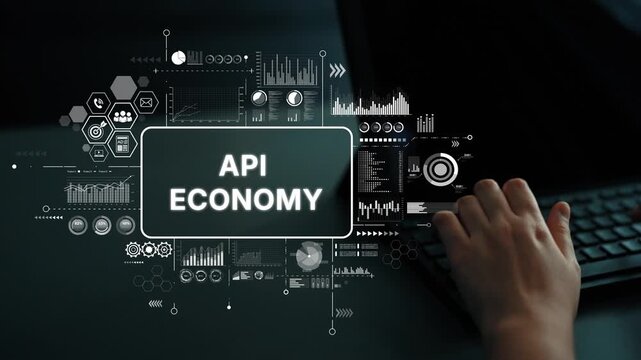 Hands Typing on Keyboard with Digital Interface Representing API Economy and Technology Advancement. Asymptotic smart data analytic.