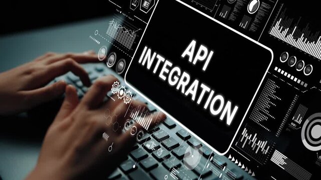 Hands Typing on Keyboard with API Integration Concept Graphic in Digital Environment. Asymptotic smart data analytic.