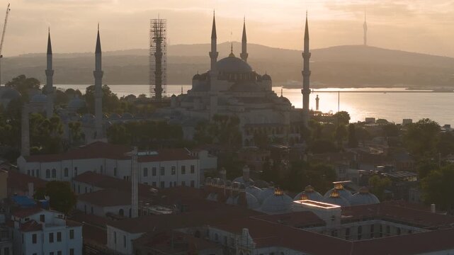 Cinematic aerial shot of historic Faith District at sunrise in Istanbul, Turkey