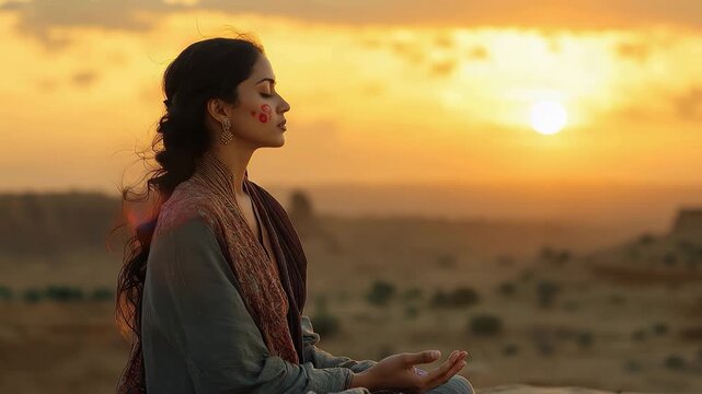 Woman practicing meditation during sunset with chakras visibly marked, surrounded by serene desert landscape, focusing on inner peace and tranquility in a moment of reflection
