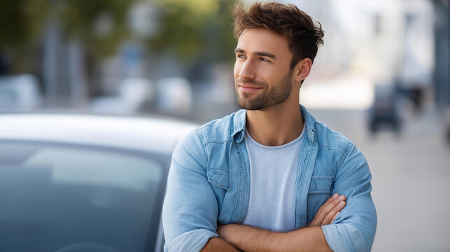 Man leaning on a parked car with crossed arms on an urban street, thoughtful male moment, city lifestyle, pause in daily routine, defocused street background, with copy space