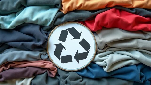 Pile of recycled clothes with recycling symbol representing sustainable fashion and textile reuse. Eco friendly lifestyle, responsible consumption and circular economy concept