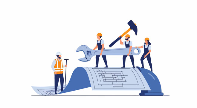 Workers labor on large blueprint with tools and equipment nearby indoors.