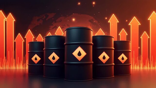 Global crude oil price surge and energy crisis concept with rising charts and oil barrels, vector illustration 
