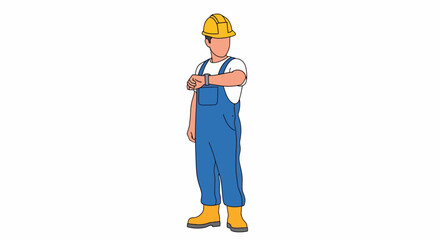 Fototapeta premium A worker in blue overalls and a yellow hard hat stands with arms crossed.
