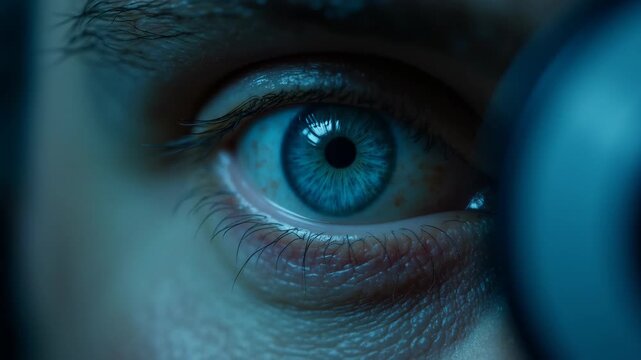 Extreme close up of male patient blue eye during slit lamp examination in ophthalmology clinic, detailed iris and cornea analysis, vision diagnostics concept.