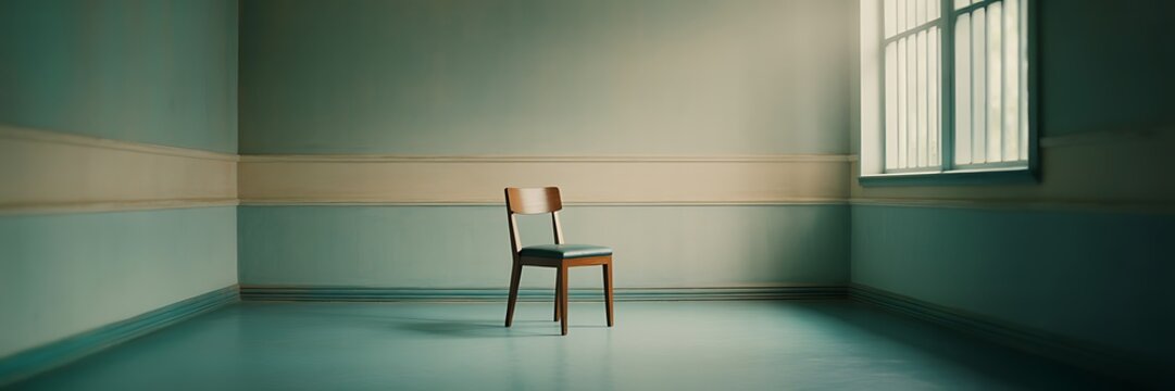 A solitary chair in a dimly lit room with a single window