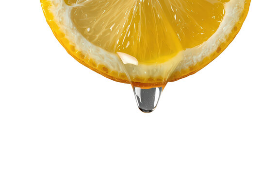 Fresh lemon slice dripping juice, liquid drop falling from vibrant citrus fruit, transparent background for healthy drink concept