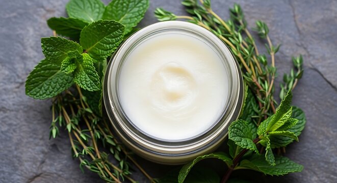 Overhead shot of a glass jar of cream surrounded by fresh herbs on a stone surface