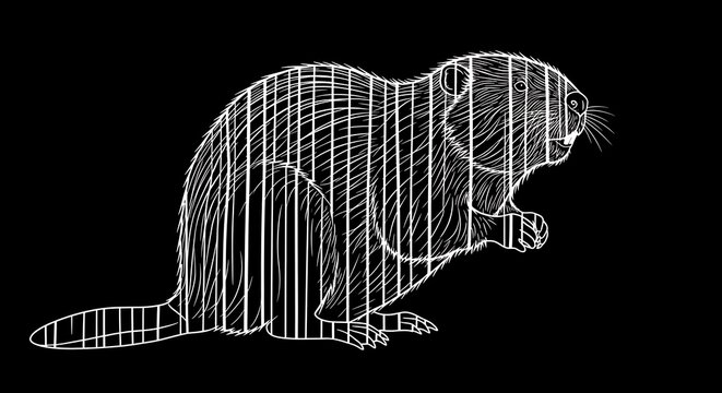 Outline of a beaver in white lines against a black backdrop, holding its paws
