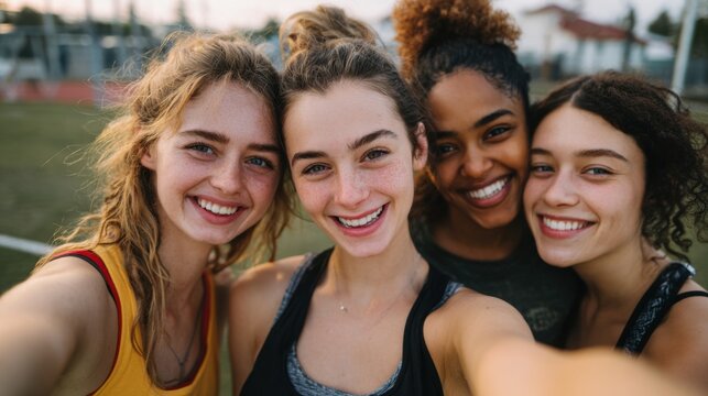 Friends enjoy time together after sports practice at a local field during the evening while taking a group selfie