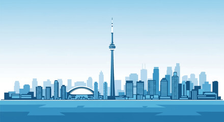 Obraz premium Stylized vector illustration of the Toronto city skyline featuring the CN Tower, Rogers Centre stadium, and urban skyscrapers in a monochromatic blue color palette over water.