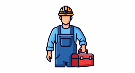 Fototapeta premium Worker with Toolbox in Solid White Graphic, Yellow Hard Hat, Blue Overalls – Front View