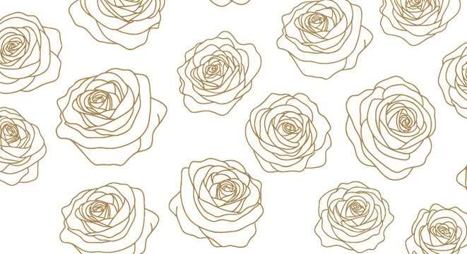 Seamless pattern featuring gold line art rose blossoms on a white background. Elegant botanical illustration with delicate golden floral outlines for wallpaper, fabric, and wrap.