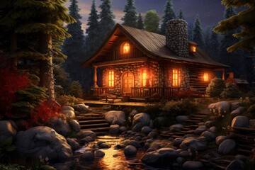 Fototapeta premium Stone and log cabin glowing warmly by a moonlit forest stream and pine trees at night