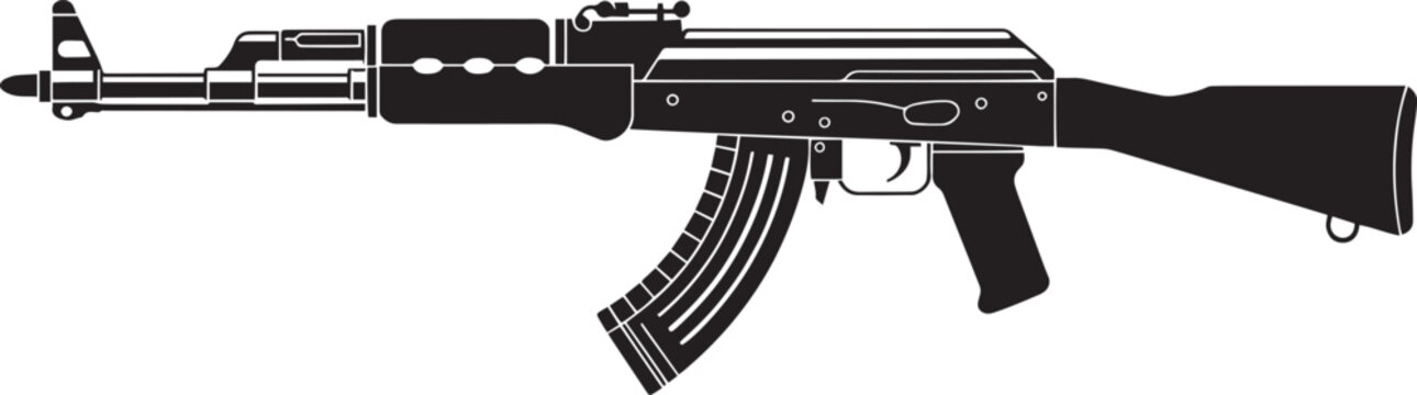 A detailed black silhouette graphic of an iconic ak47 assault rifle isolated on white background