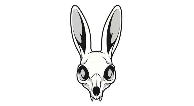 Detailed vector illustration of a rabbit skull head with upright ears, minimalist black and white line art, frontal view anatomy of a lagomorph cranium on white background.