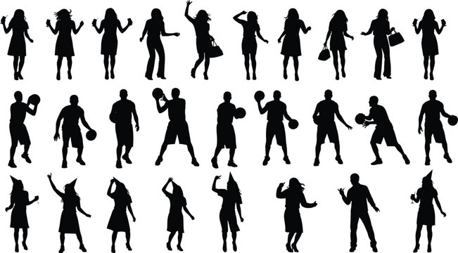 Black silhouettes of men and women in diverse poses including fashion modeling, basketball actions, and dancing gestures, arranged in rows, perfect for design, animation, and creative artwork 