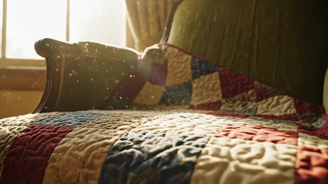 A cozy video showcasing a comfortable couch with a vibrant quilt in a serene room with natural light pouring in through the window.