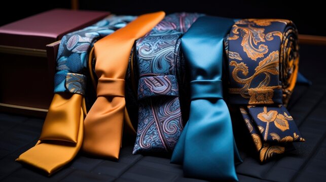 A photo of a set of luxury ties and pocket squares.