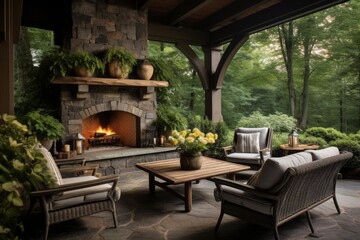 Fototapeta premium Relaxing patio area featuring a warm fireplace and comfortable seating surrounded by lush green forest