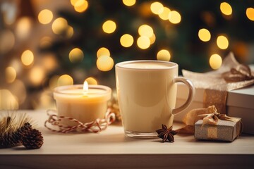 Fototapeta premium Warm latte, lit candle, and gifts creating a cozy holiday atmosphere, with bokeh lights