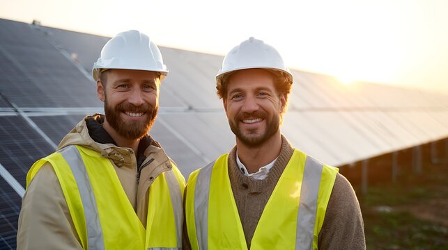 Two smiling men in hard hats and safety vests standing in front of solar panels at sunset