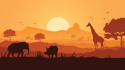 African savanna vector landscape with silhouettes of elephant, giraffe, and rhino at sunset © Zafaaa