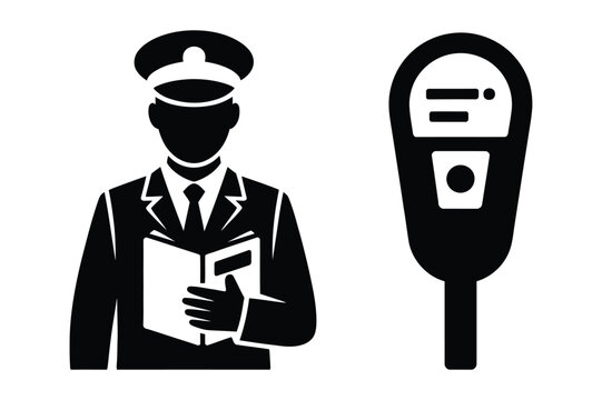 Security guard with book and parking meter icon