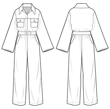 Women's Button front belted Shirt jumpsuit design flat sketch fashion illustration with front and back view,  Belted overall wide leg jumpsuit dress with wide leg pant drawing vector template.