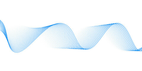 Fototapeta premium Blue dotted wave line pattern. Light halftone undulate net background. Abstract air flowing particle wallpaper. Vector curve dashed gradient element for poser, banner, presentation, booklet, flyer