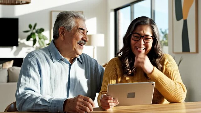 cheerful hispanic senior couple sitting at table, watching video on digital tablet. happy husband and wife using technology at home. retirement lifestyle, online communication.