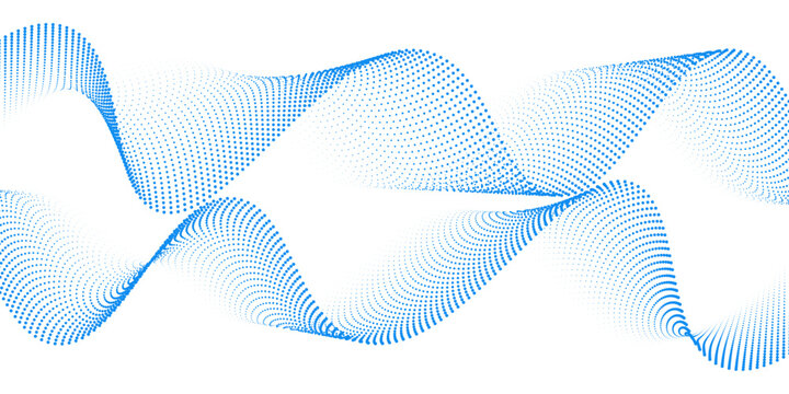 Blue dotted wave line pattern. Light halftone undulate net background. Abstract air flowing particle wallpaper. Vector curve dashed gradient element for poser, banner, presentation, booklet, flyer
