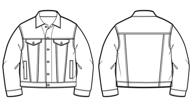 Baby boy Denim  jacket design flat sketch Illustration front and back view vector template, Toddler baby Denim Jacket drawing mock up template cad drawing mock up