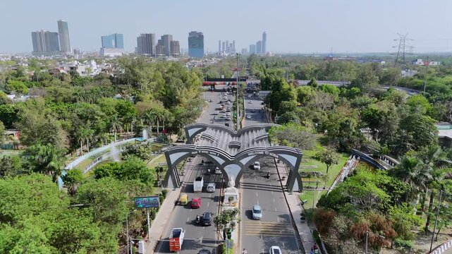 Aerial 4k view of Noida Entry Gate, Welcome to Noida, in Noida, Uttar Pradesh, India