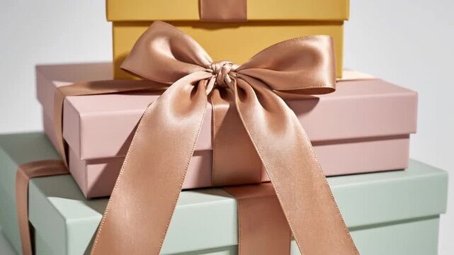 A beautifully wrapped stack of gift boxes in pastel colors with elegant ribbons, perfect for a corporate video showcasing luxury and celebration