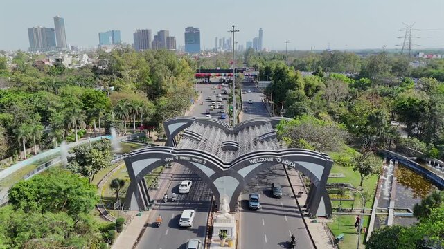 Aerial 4k view of Noida Entry Gate, Welcome to Noida, in Noida, Uttar Pradesh, India