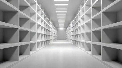 Obraz premium Empty white warehouse aisle with endless shelving racks and bright overhead lighting perspective