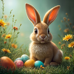 Obraz premium Osterhase mit bunten Ostereiern im Frühlingsgras zwischen gelben Blumen