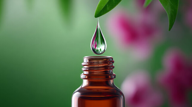 Essential oil dropper bottle with green drop and floral background  