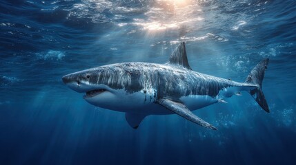 Fototapeta premium Side profile of a great white shark rendered in a lifelike 3D illustration over a blue ocean backdrop