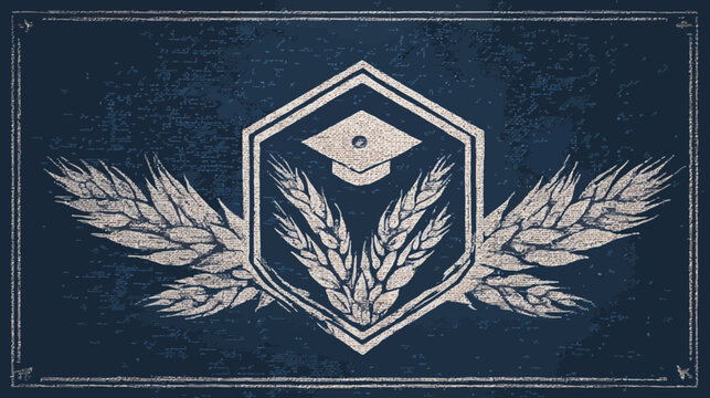 A crest illustration, with wheat and a graduation cap on a textured blue background with a border