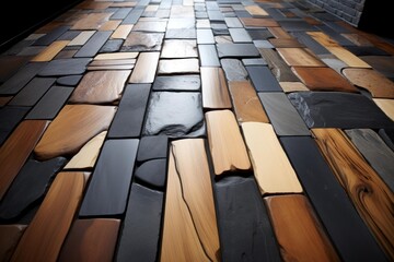 Fototapeta premium Abstract flooring creating a rustic mosaic pattern with natural wood and dark stone textures
