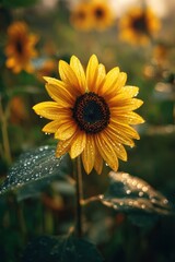 Obraz premium Vibrant sunflower portrait with sunlit petals and soft background bokeh